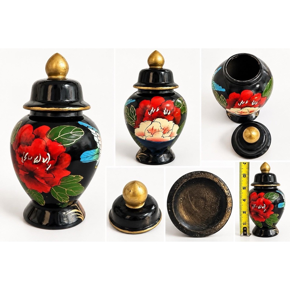 Vintage Hand Painted Black Ginger Jar Flowers Bird Gold Trim Lidded Urn 7"
